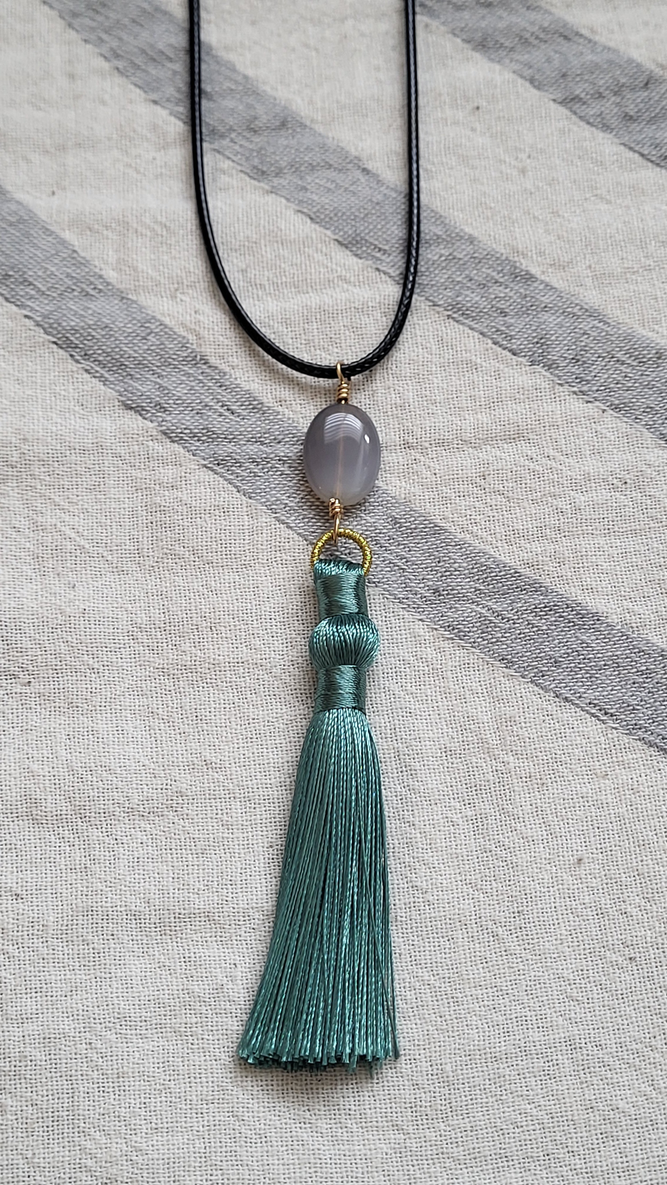 The Flow Tassel Necklace - Grey Agate and Grey or Green Tassel