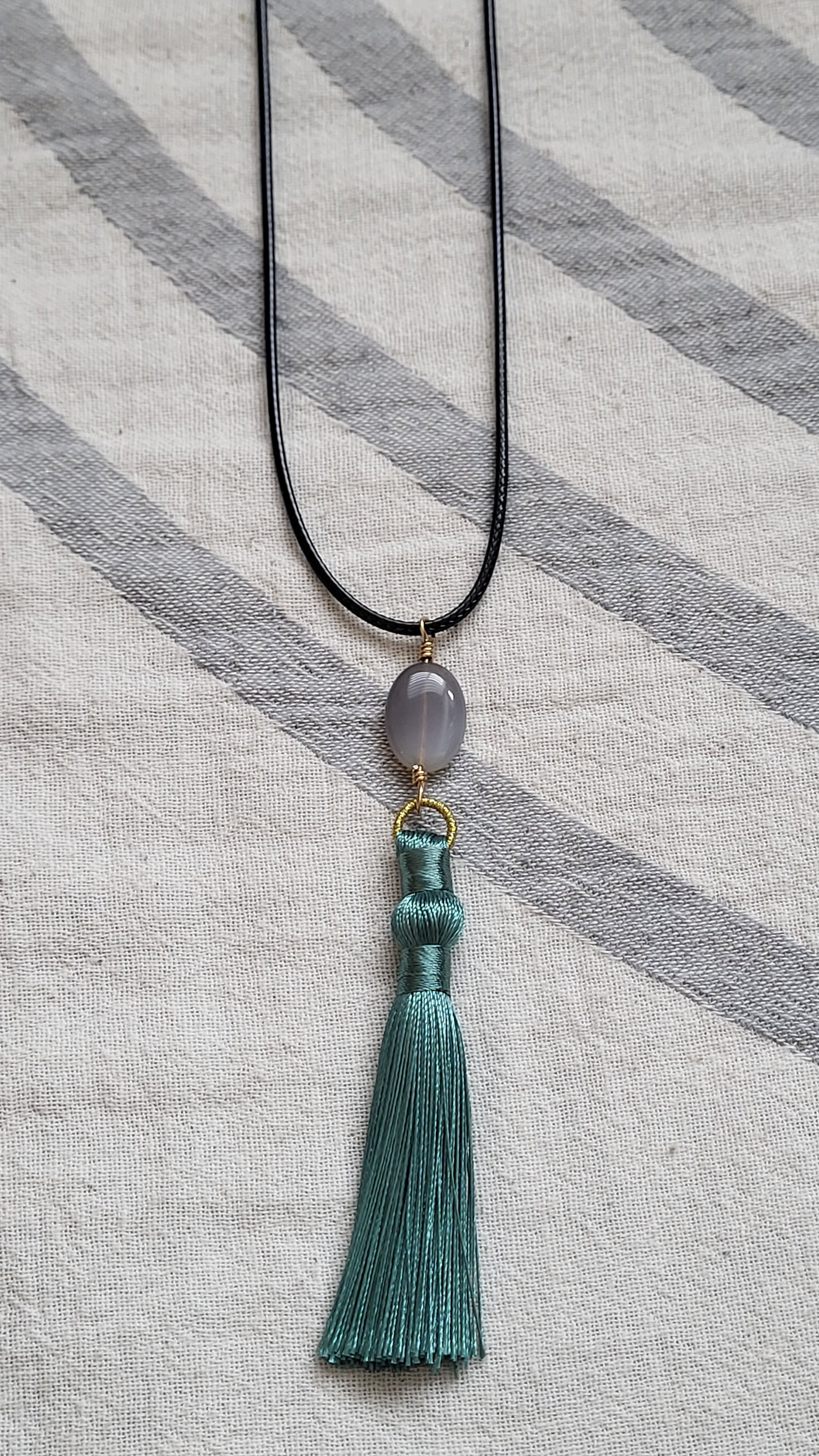 The Flow Tassel Necklace - Grey Agate and Grey or Green Tassel