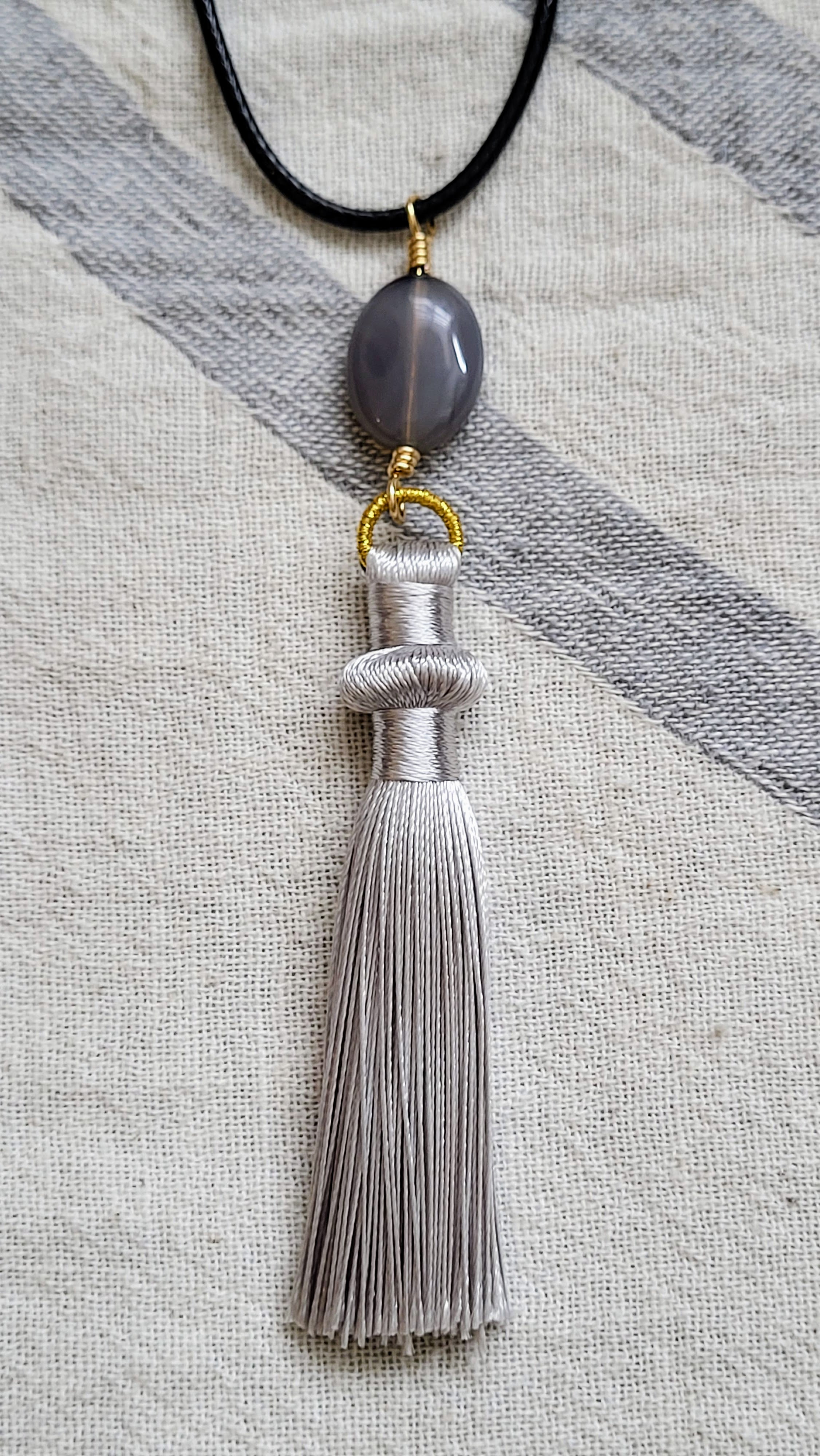The Flow Tassel Necklace - Grey Agate and Grey or Green Tassel