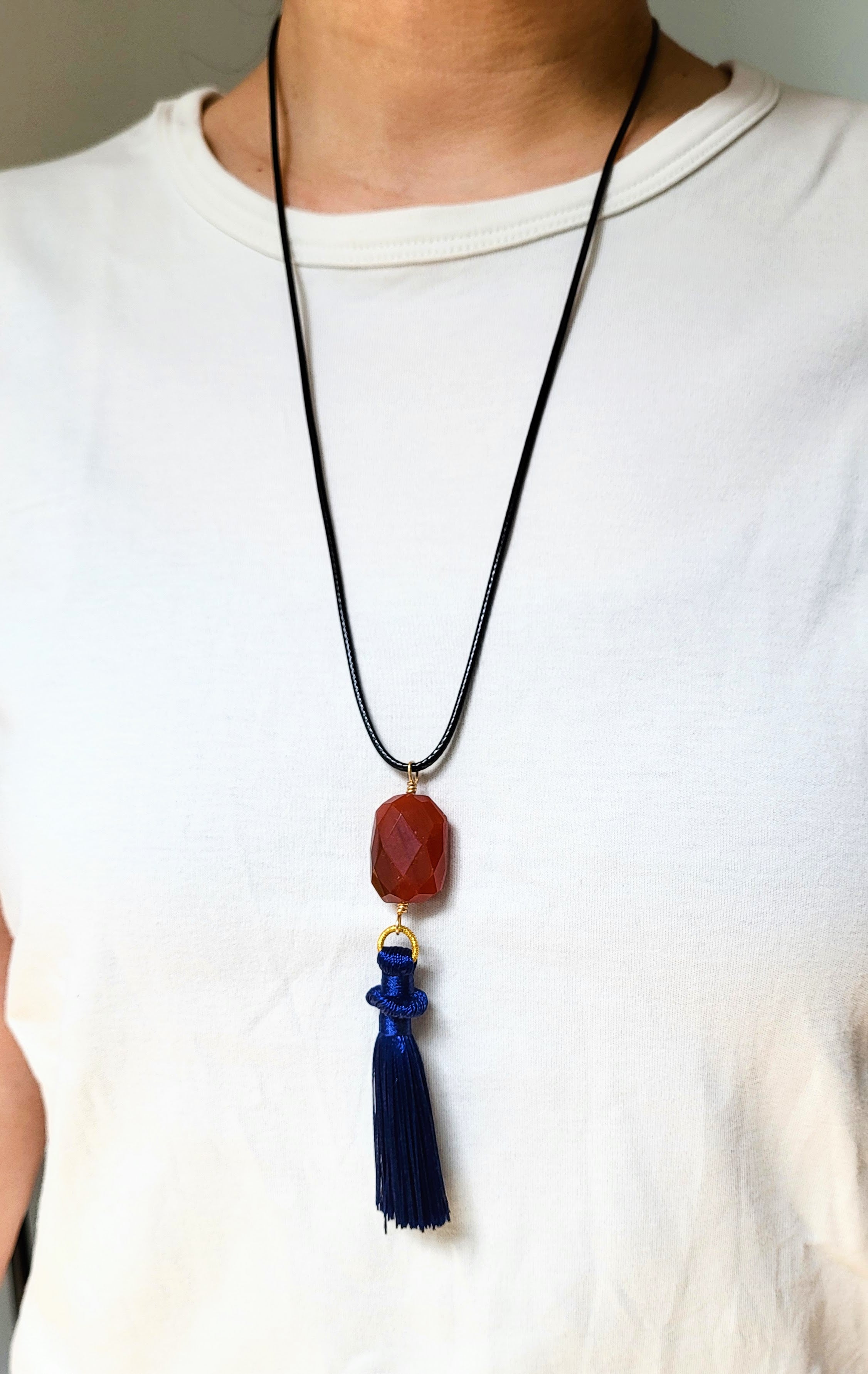 The Flow Tassel Necklace - Carnelian and Navy Blue Tassel