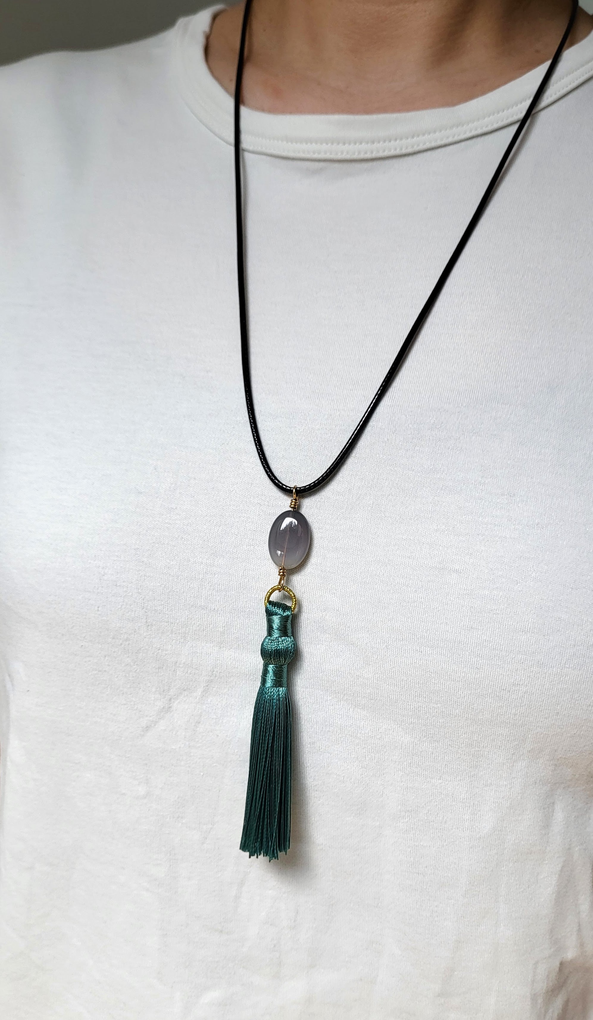 The Flow Tassel Necklace - Grey Agate and Grey or Green Tassel