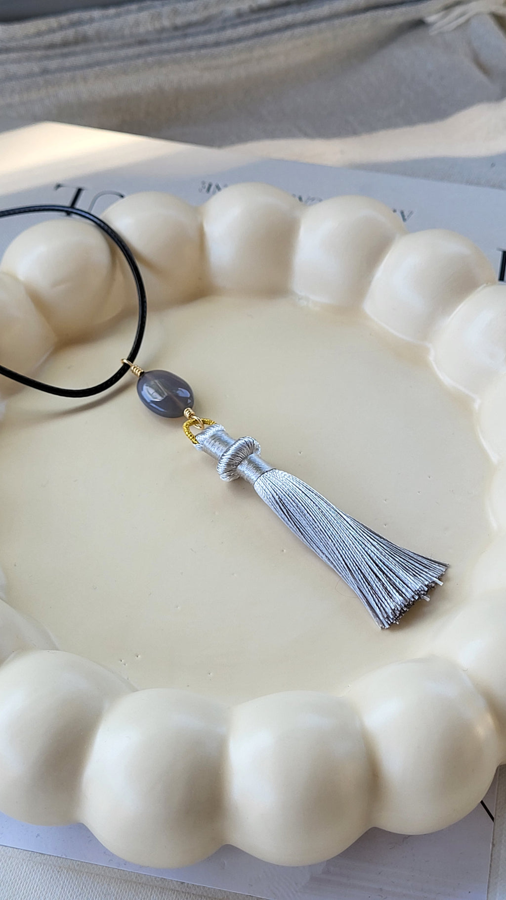 The Flow Tassel Necklace - Grey Agate and Grey or Green Tassel