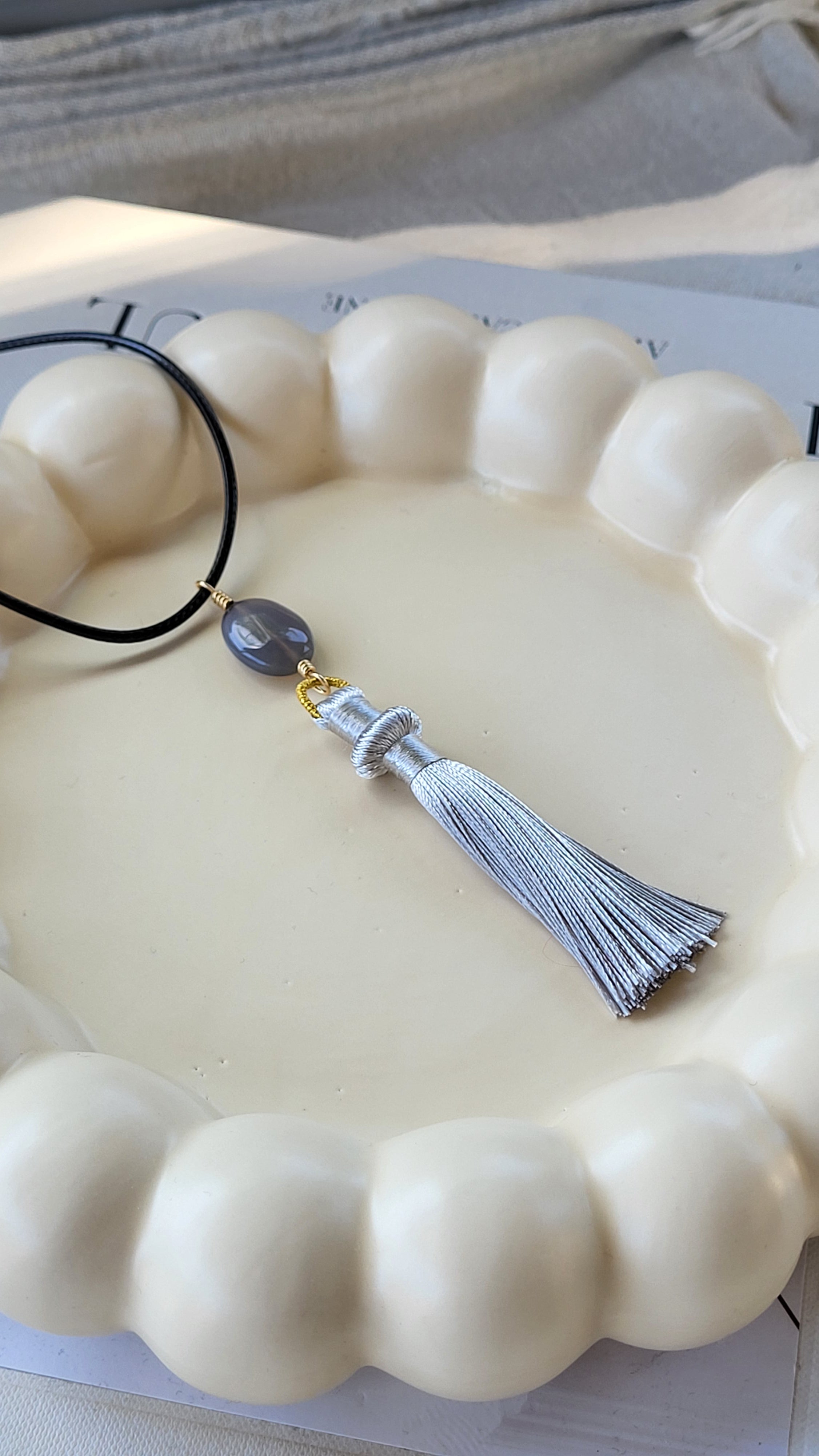 The Flow Tassel Necklace - Grey Agate and Grey or Green Tassel