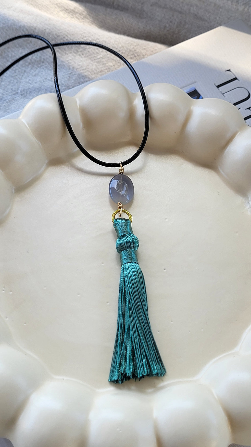 The Flow Tassel Necklace - Grey Agate and Grey or Green Tassel