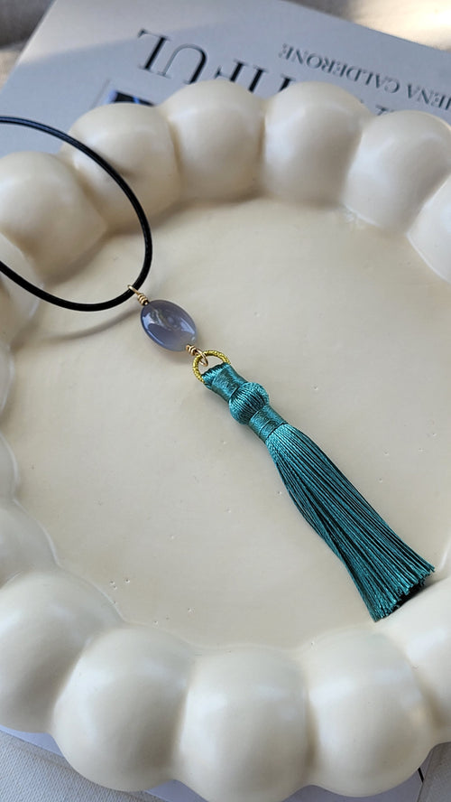 The Flow Tassel Necklace - Grey Agate and Grey or Green Tassel