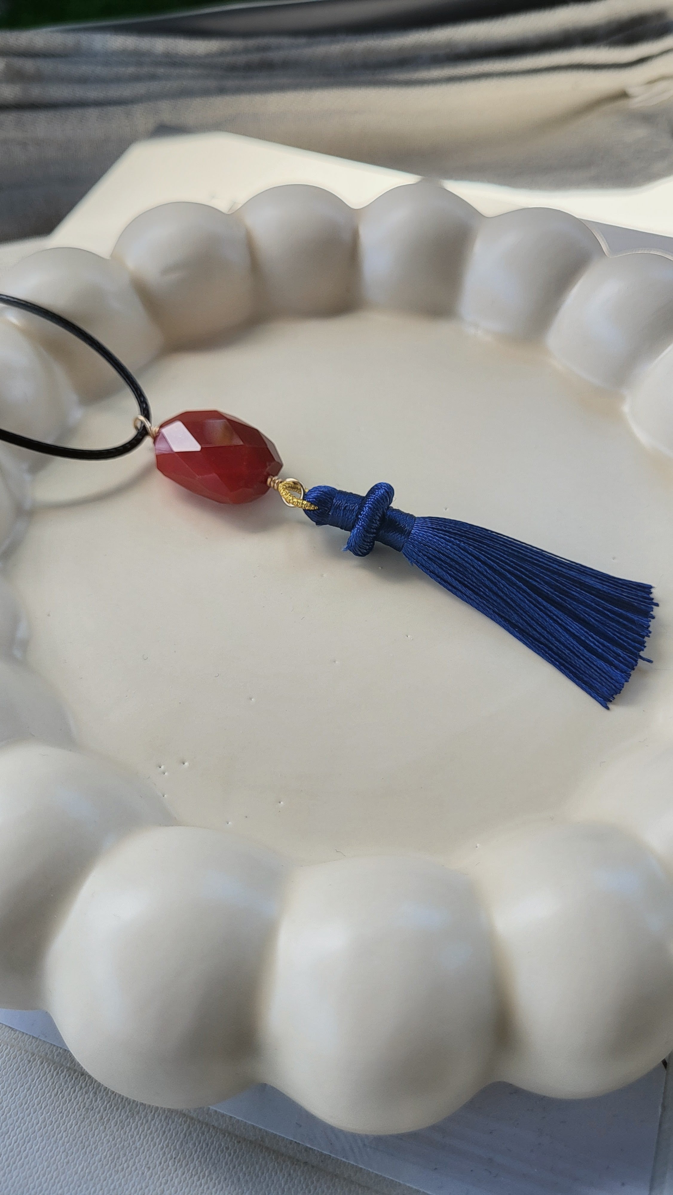 The Flow Tassel Necklace - Carnelian and Navy Blue Tassel