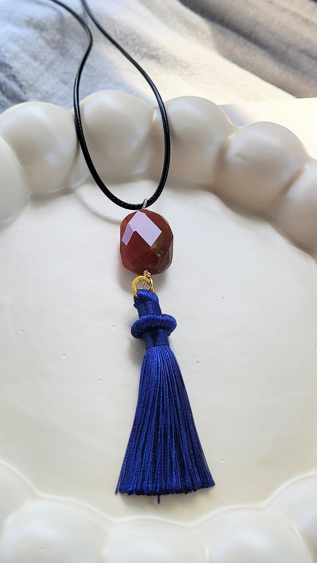 The Flow Tassel Necklace - Carnelian and Navy Blue Tassel