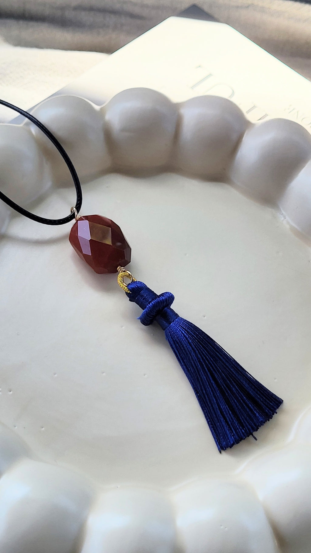 The Flow Tassel Necklace - Carnelian and Navy Blue Tassel