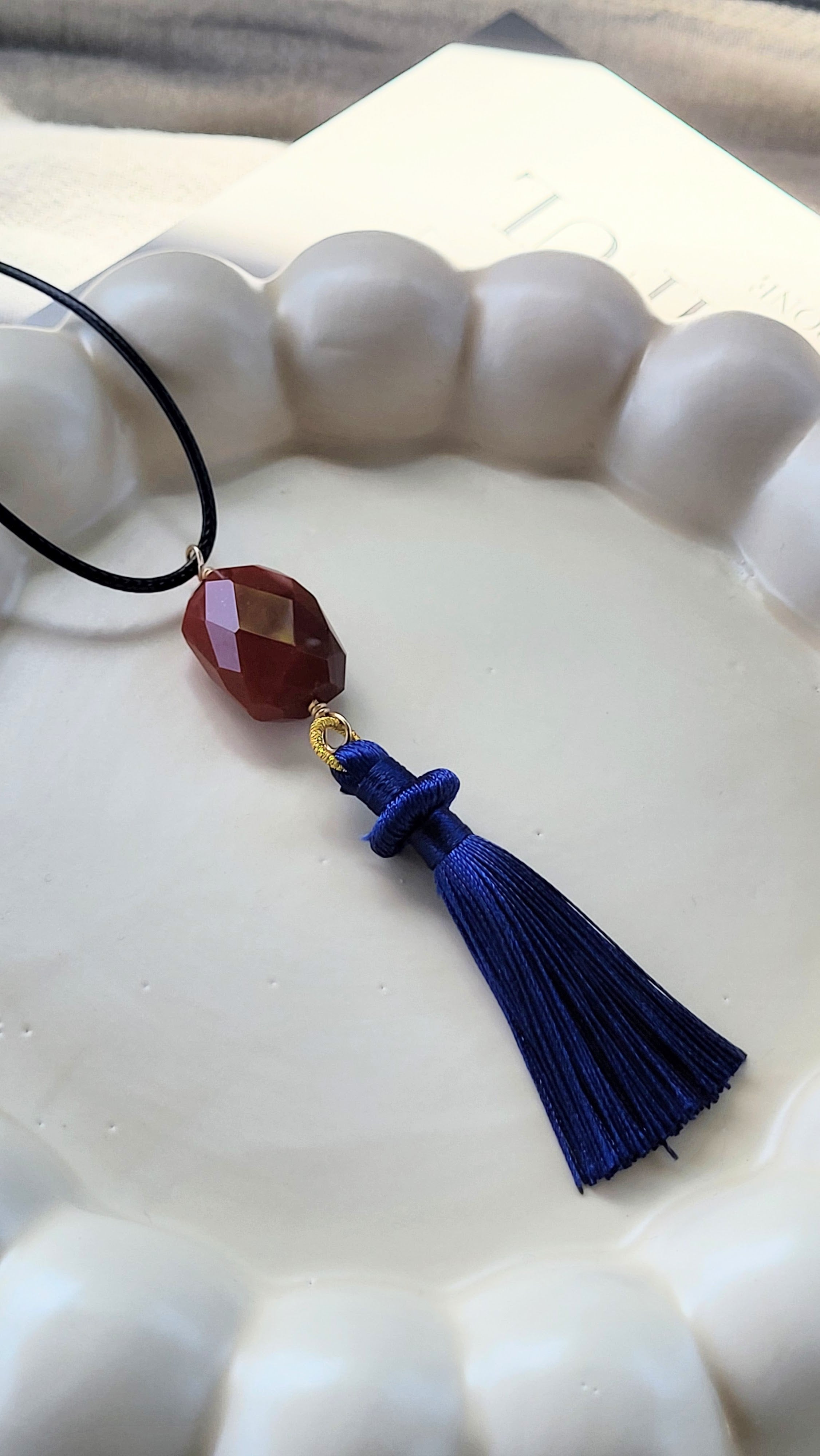 The Flow Tassel Necklace - Carnelian and Navy Blue Tassel