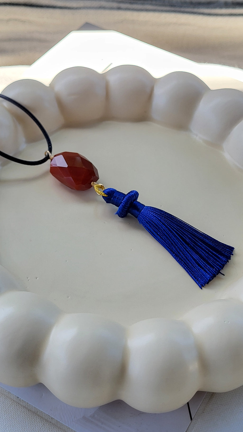 The Flow Tassel Necklace - Carnelian and Navy Blue Tassel