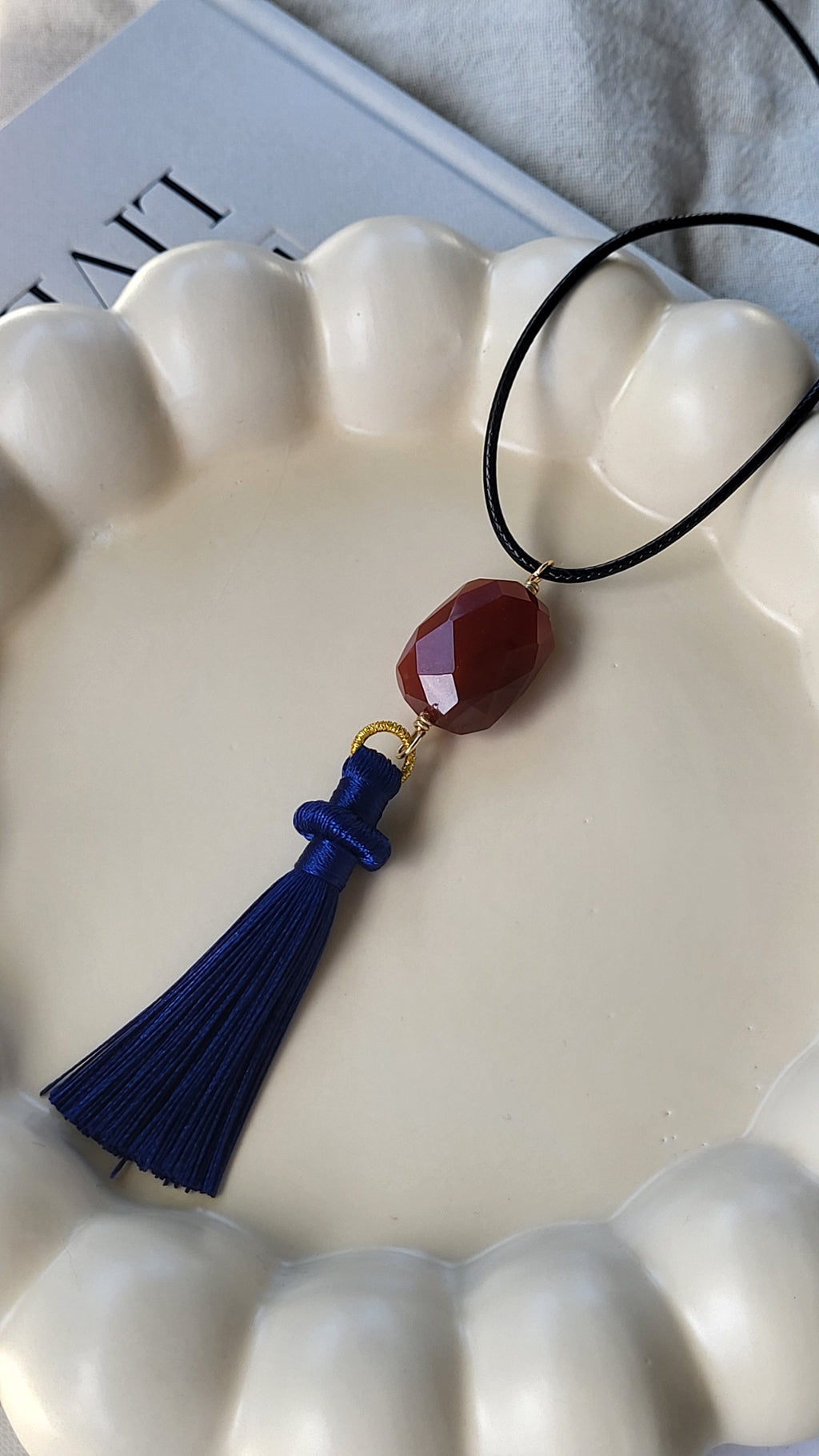 The Flow Tassel Necklace - Carnelian and Navy Blue Tassel