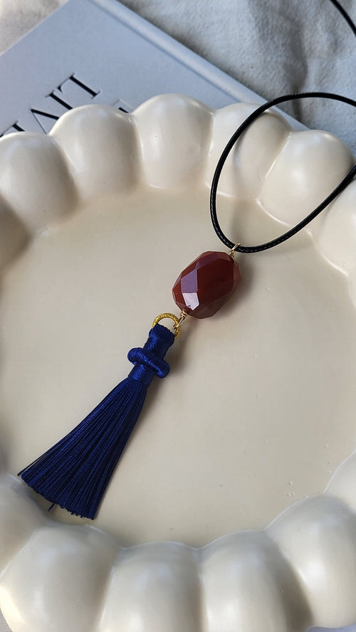 The Flow Tassel Necklace - Carnelian and Navy Blue Tassel