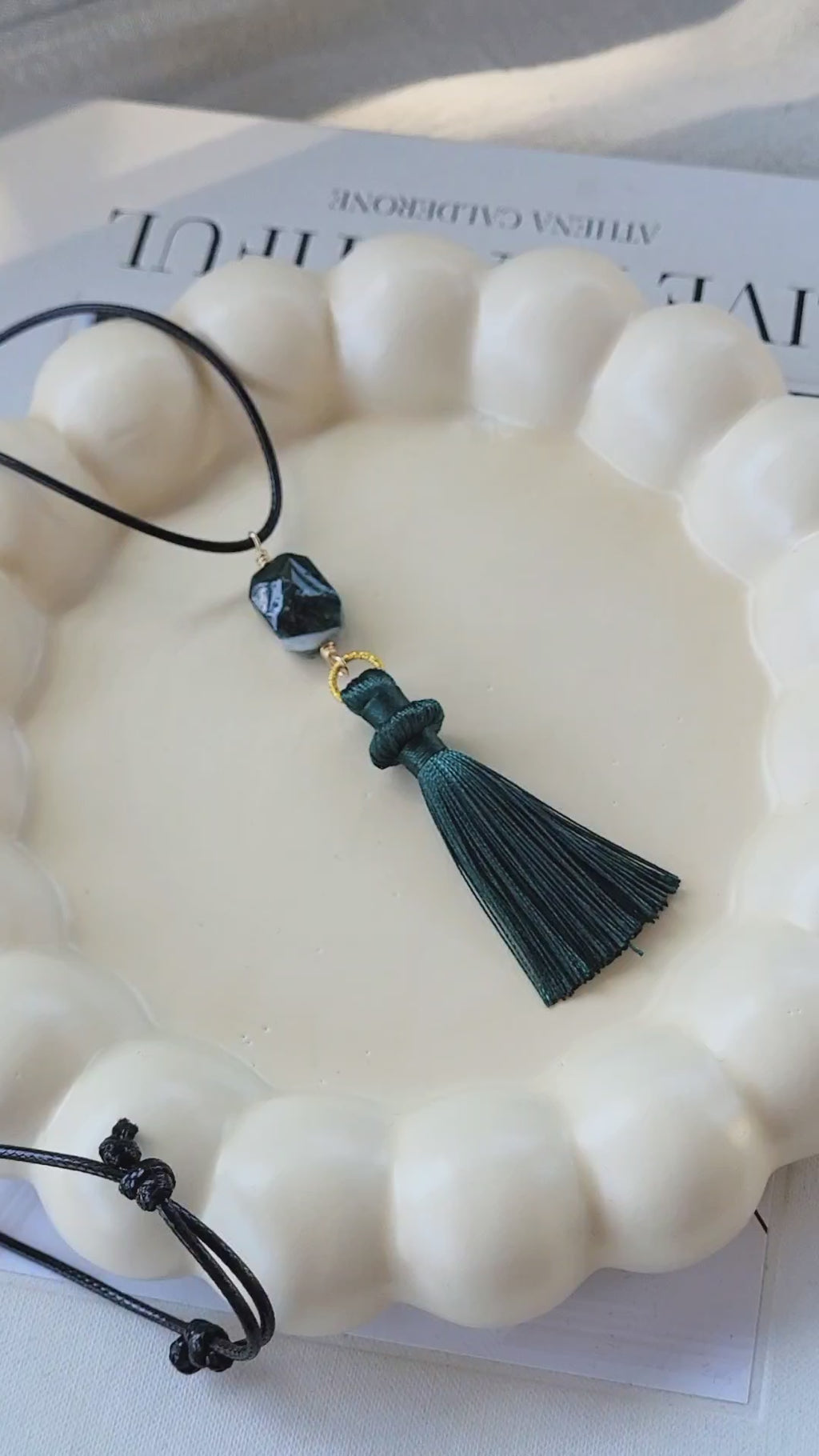 The Flow Tassel Necklace - Green Moss Agate and Dark Green Tassel