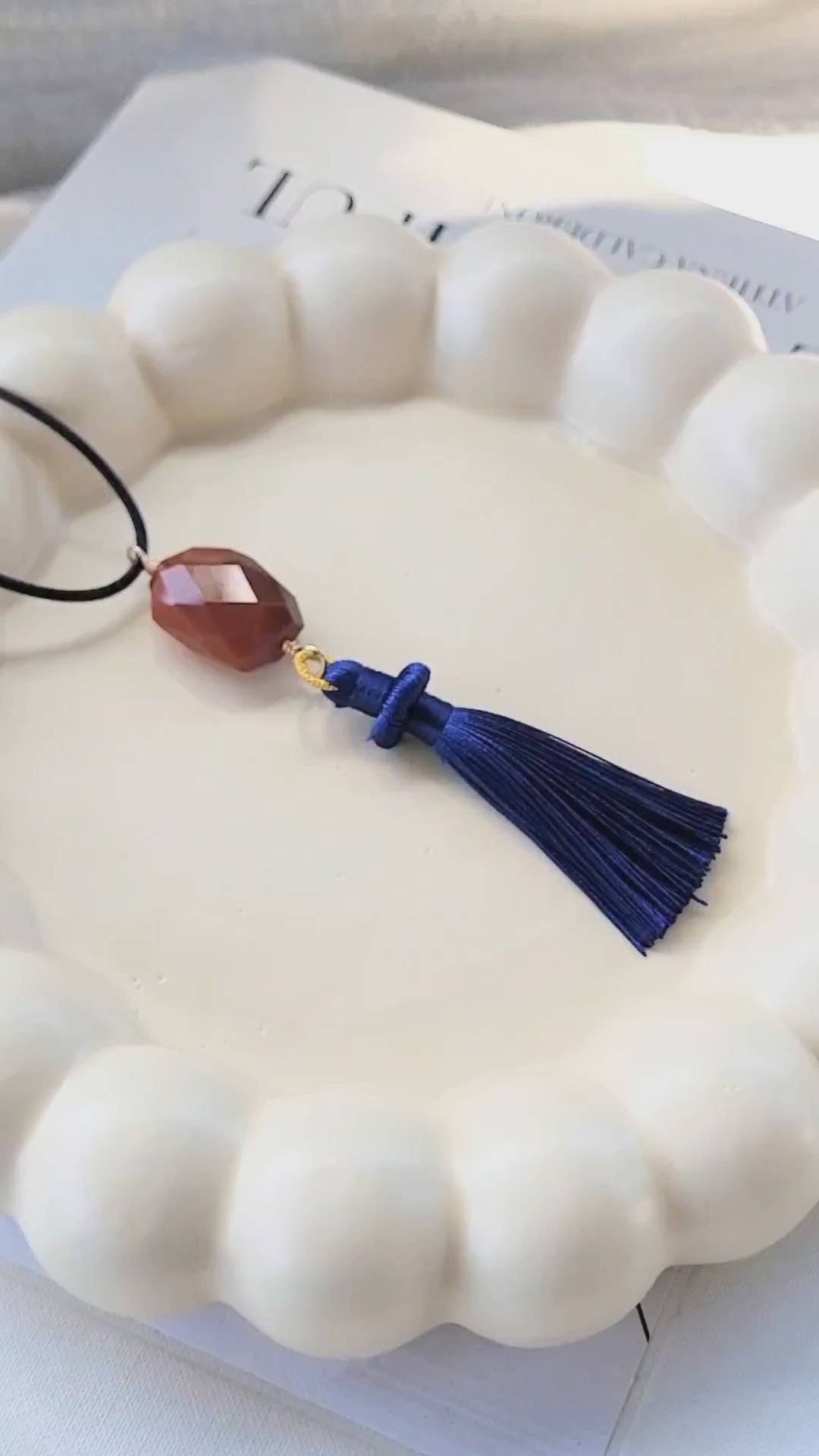 The Flow Tassel Necklace - Carnelian and Navy Blue Tassel